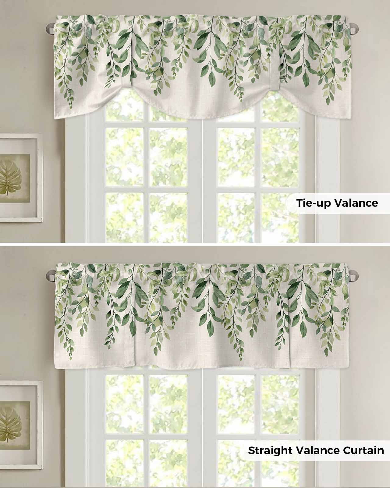 Tie Up Valance Curtain for Kitchen,Spring Green Sage Leaves on Linen Rod Pocket Short Curtains Adjustable Tie-Up Shade Valances,Swirling Leaf Window Treatment for Bathroom Bedroom