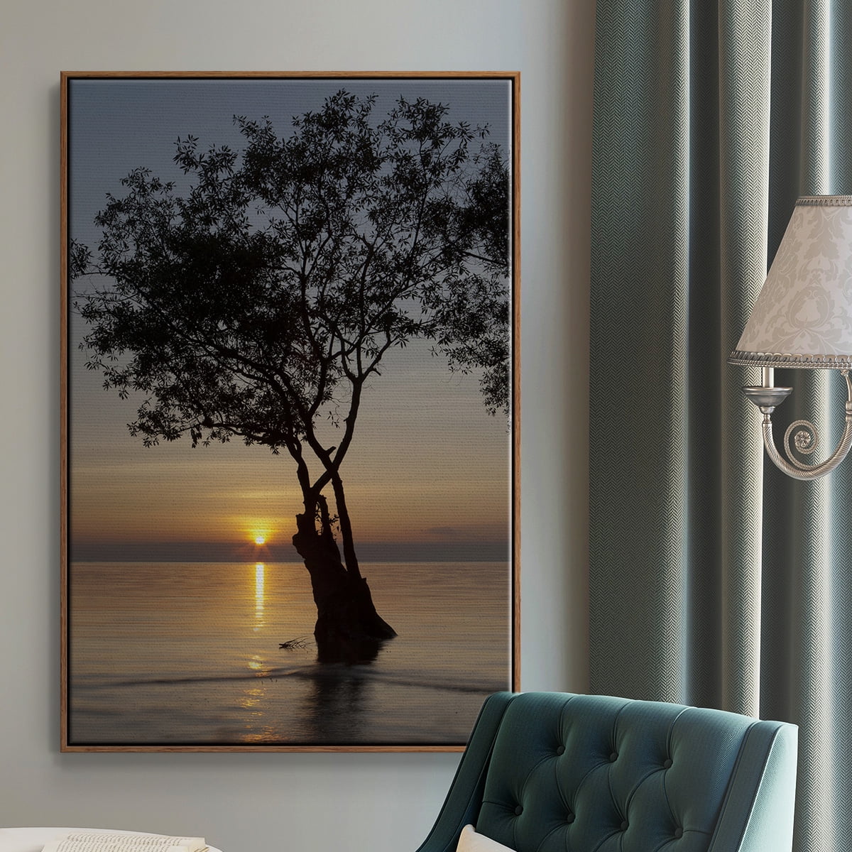 Sunset Silhouette Framed Premium Gallery Wrapped Canvas - Ready to Hang - 17 x 25 - Walnut Floating Frame