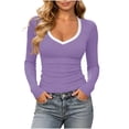 thumbnail image 2 of Women's Contrast Trim V‑Neck Long Sleeve Tops, Ribbed Knit Fitted Casual Shirts,M,Women's Plus Size, 2 of 8
