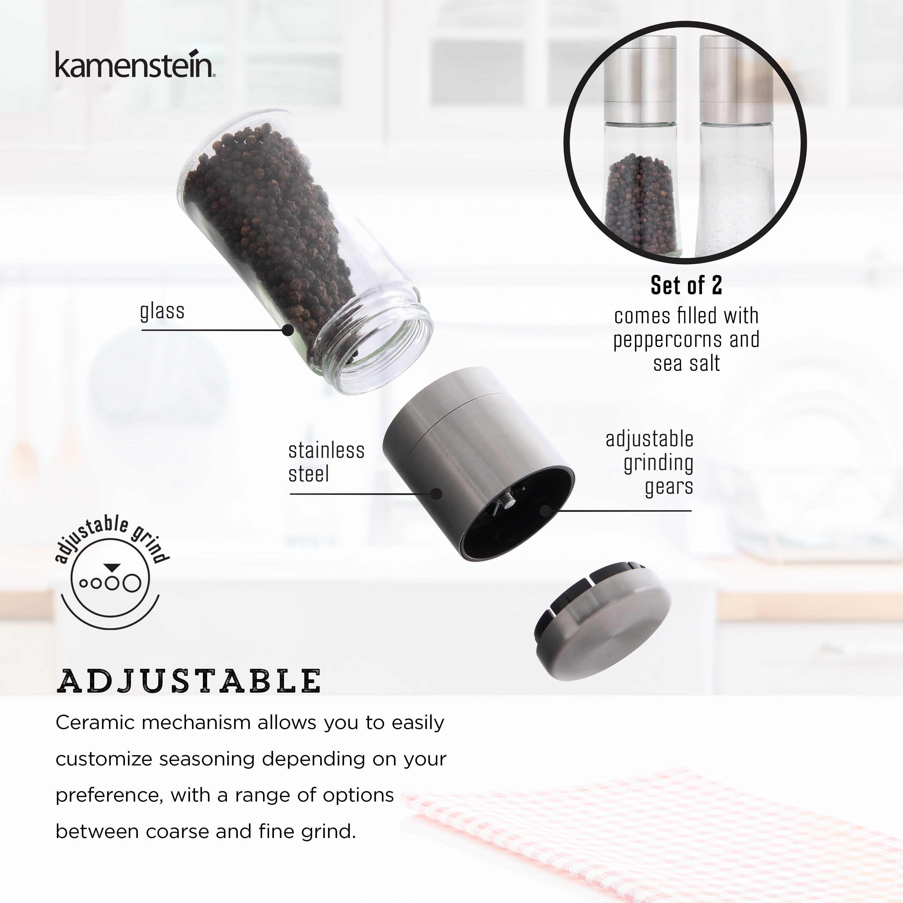 Kamenstein Elite Prefilled Salt and Pepper Grinder Boxed Set with Peppercorn Refill Jar