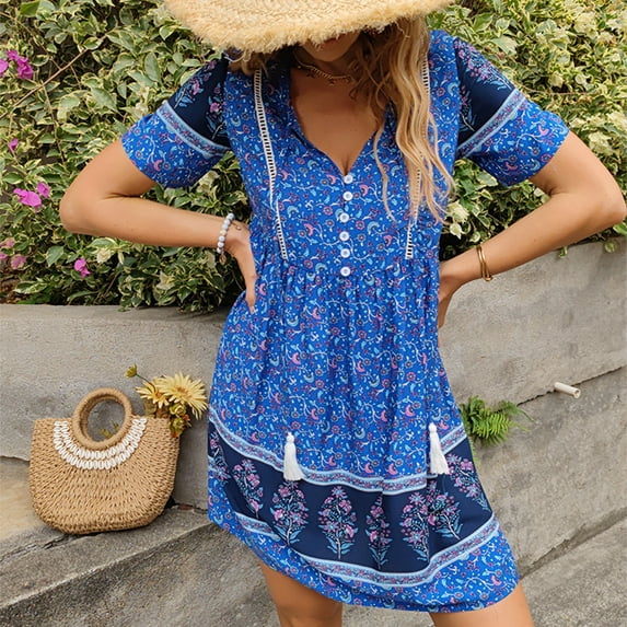 Summer Dresses for Women Maxi Dress Crew Neck Print Dress Boho