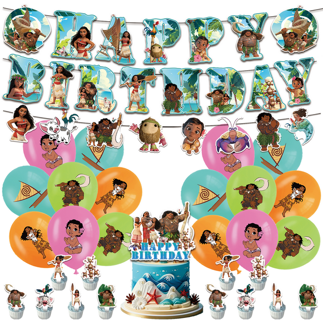 38 Pcs For Moana Cartoon Theme Birthday Decorations Party and Favors Essentials - Includes Banner, Cake Topper, 12 Cupcake Toppers, 8 Pulled Flowers, and 16 Balloons for Party Supply Set