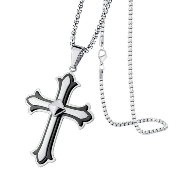 555Jewelry Stainless Steel Layered Vintage Cross Necklace for Men, Bordered 2 Tone Polished Religious Crucifix Cross Pendant for Men & Women, Silver & Black, 22 Inches Box Chain