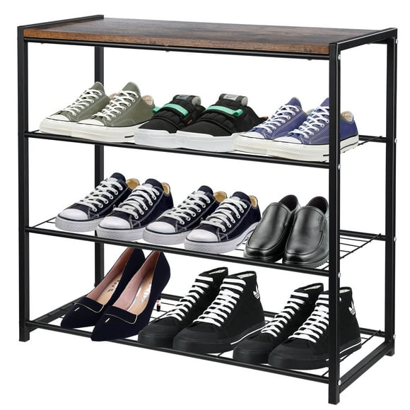 4-Tier Metal Shoe Rack, Shoe Storage Shelf Bench Organizer with Wood Bench Top for Hallway Entryway