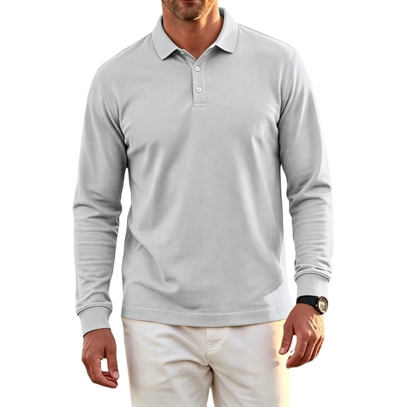 WULMLEO Long Sleeve Polo Shirts for Men Classic Button Golf Shirt Casual Collared Thermal Work Pullover Tops Light Gray S