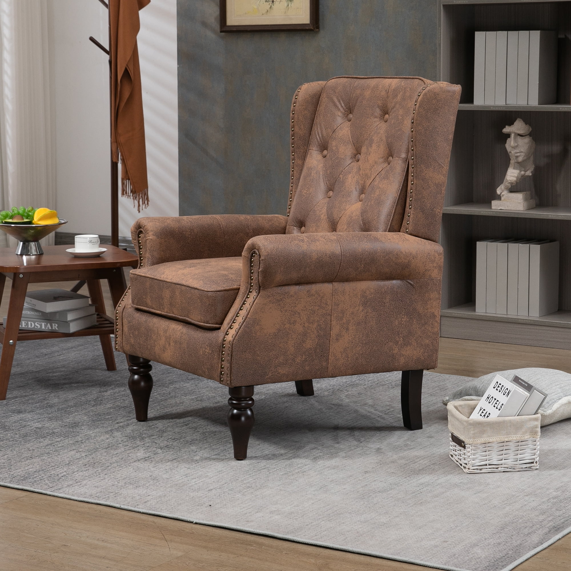 Miniyam Microsuede Armchair with Wood Frame, Modern Accent Chair Lounge Chair with Sturdy Wood Legs, for Living Room Bedroom,Coffee