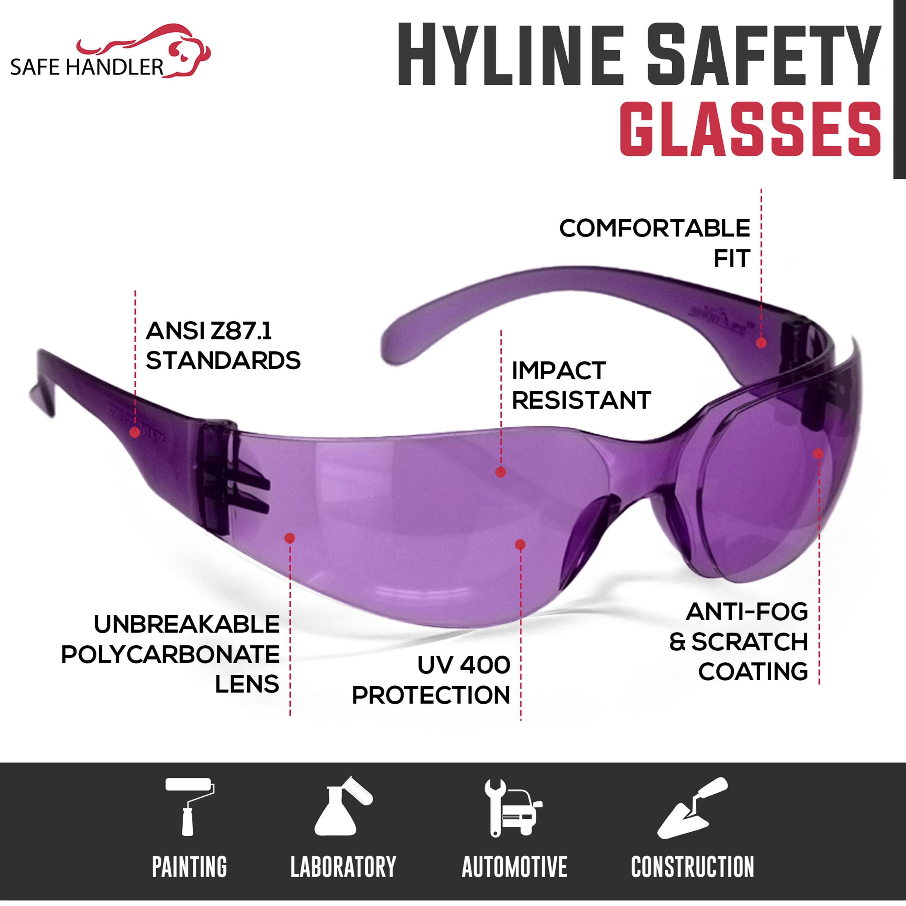 Safe Handler Hyline Safety Glasses Assorted Colors, Anti-Scratch & Anti-Fog For Men/Women (12 Pairs) | ANSI Z87.1 | One Size Fits All
