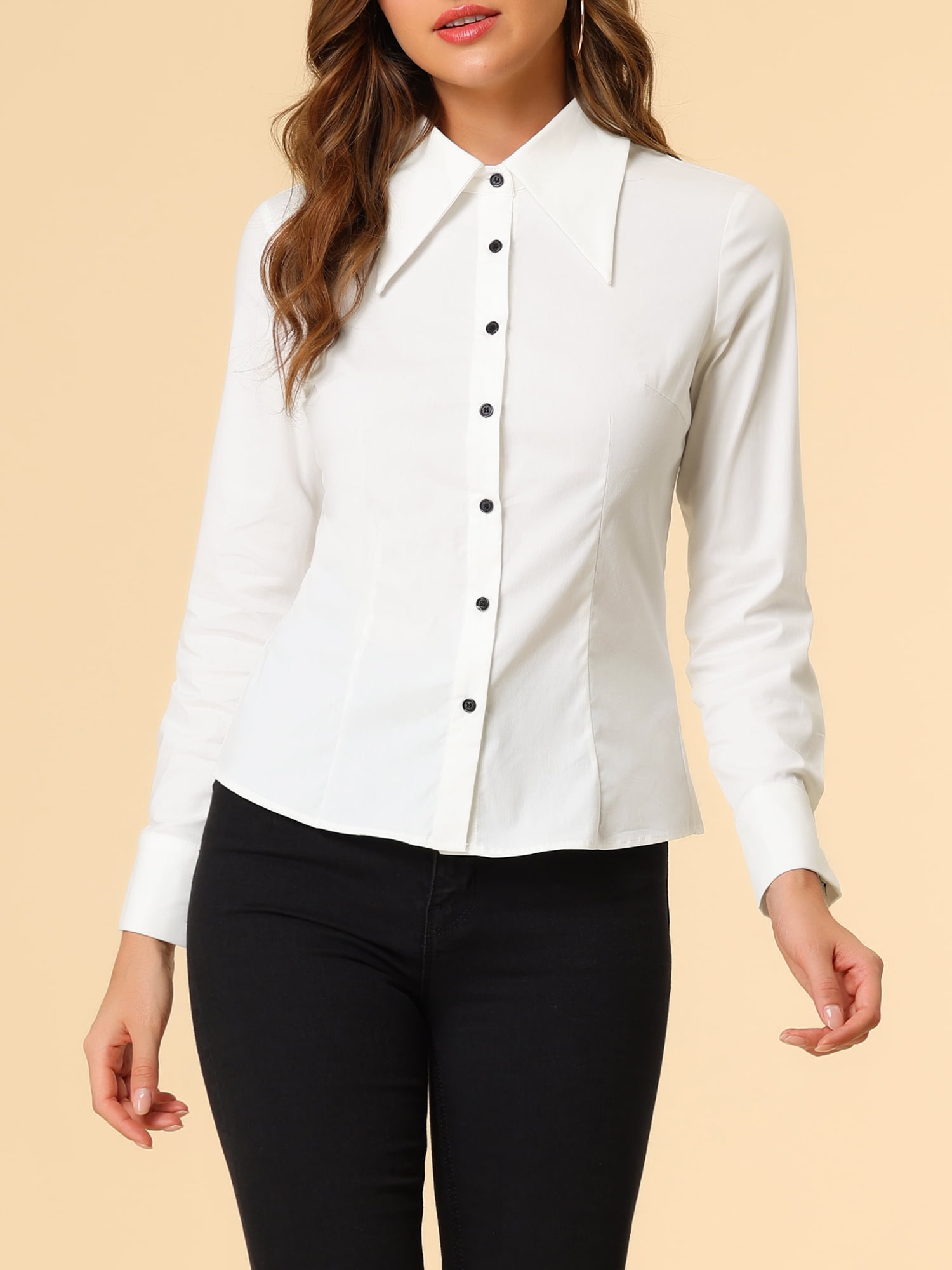 Allegra K Women's Point Collar Long Sleeve Button Shirt - Walmart.com