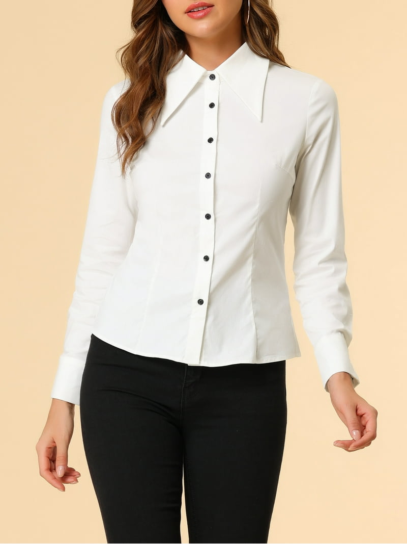 INSPIRE CHIC Women's Point Collar Long Sleeve Button Shirt - Walmart.com