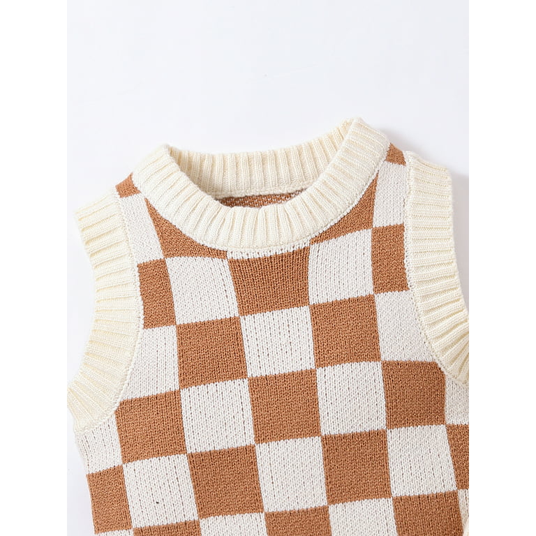 Multitrust Baby Two Pieces Clothes Outfit, Checkerboard Sweater Vest + Shorts, Infant Unisex, Size: 6-12 Months, Beige