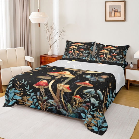 Manfei Mushroom Butterfly Twin Sheet Sets 3pcs for Boys Girls,Bohemian Theme Twin Fitted Sheet Microfiber,Starry Sky Breathable Flat Sheet,Super Cozy Room Decor