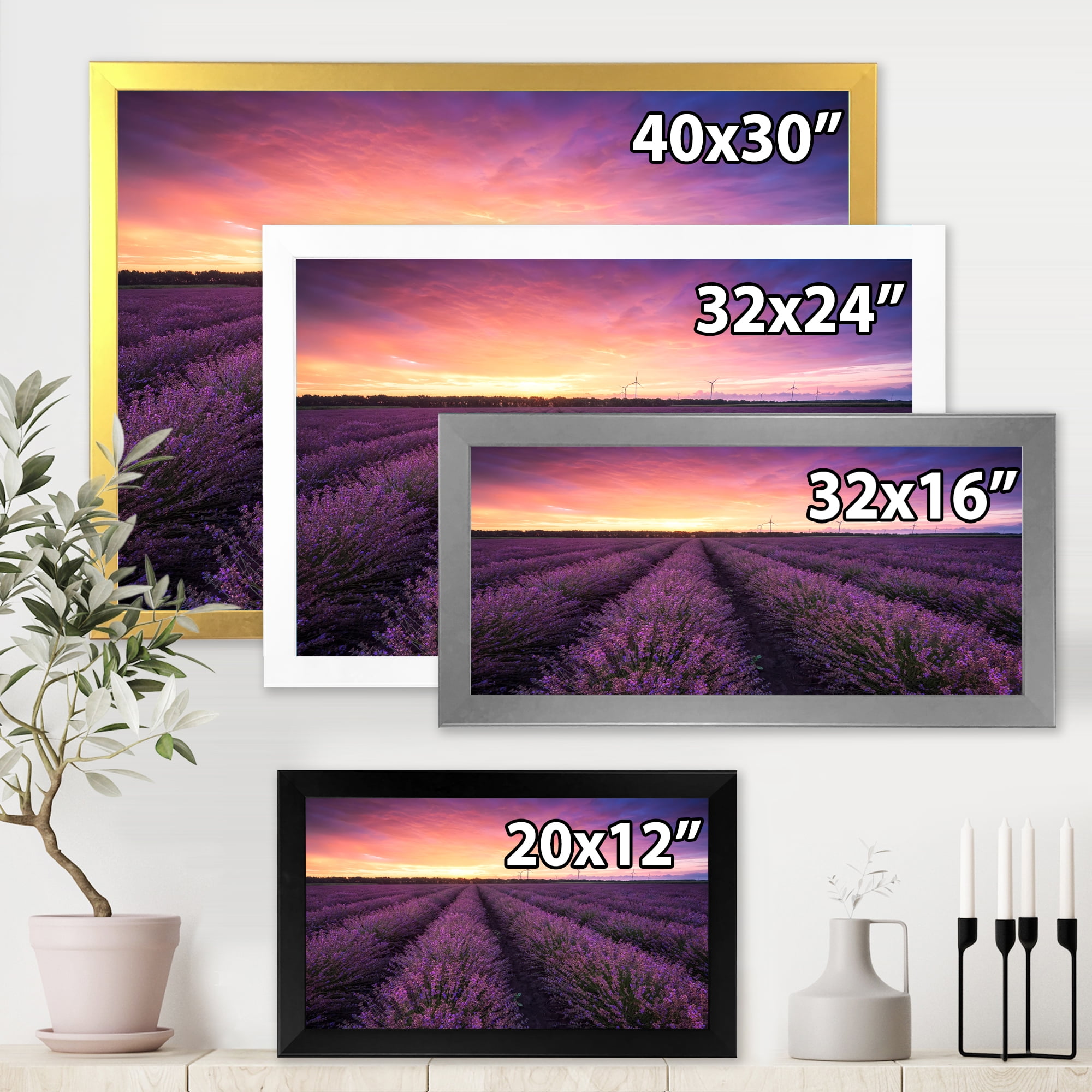Designart 'Dramatic Clouds and Sunrise Over Lavender Field XIII' Farmhouse Framed Art Print