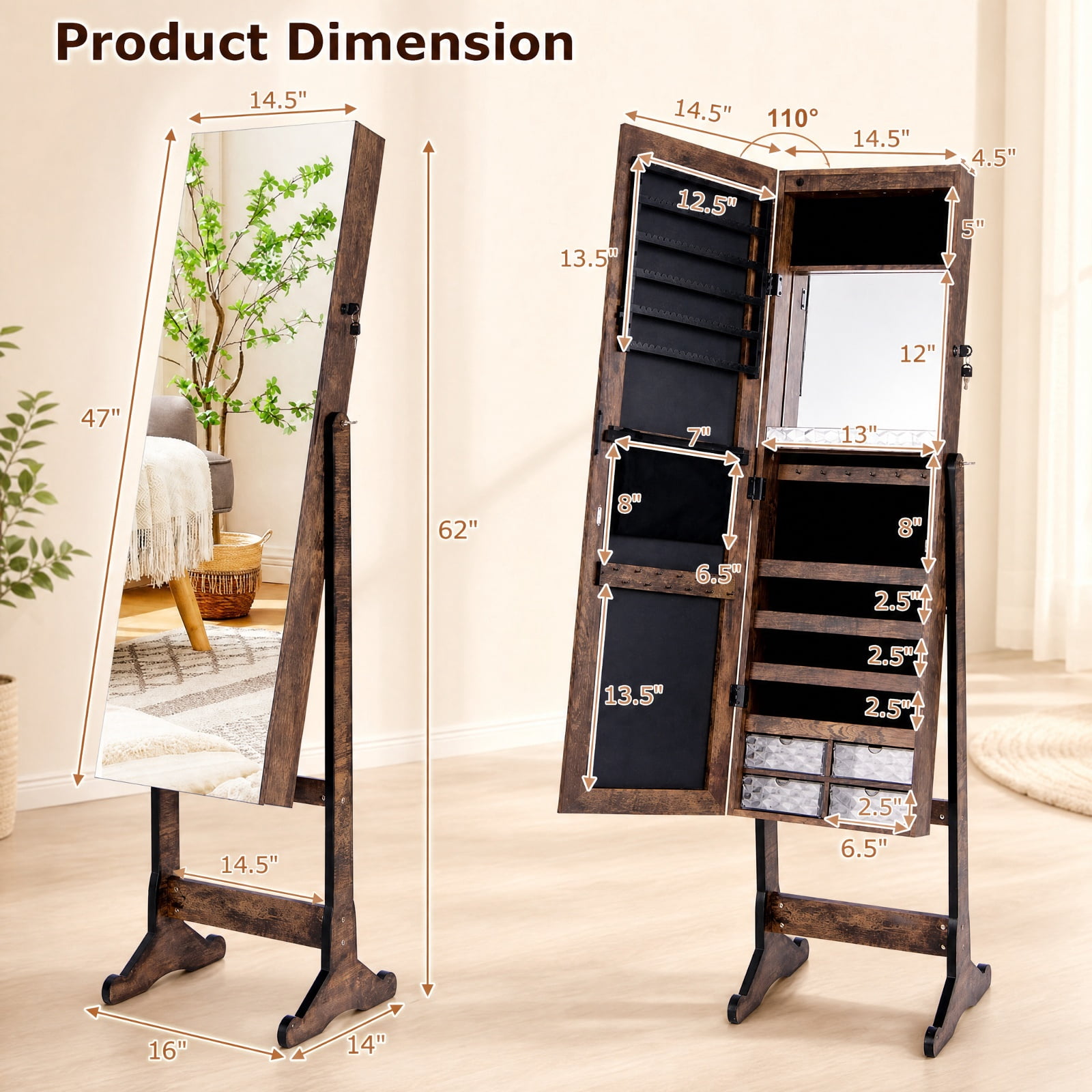 Furnibear Free Standing Full Length Jewelry Armoire with Lights for Bedroom Dressing Room Jewelry Necklace Rings Storage Mirror, Rustic Brown