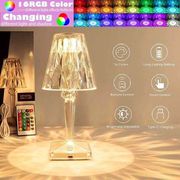 Crystal Diamond Table Lamp 16 Color Changing RGB Touch & Remote Control USB Rechargeable LED Romantic Artificial Crystal Night Light Bedside Lamp for Bedroom Living Room Party Dinner Decor