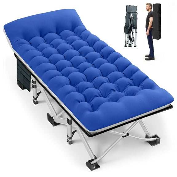 GVDV Folding Camping Cot for Adults with 2 Sided Mattress - 75" x 28" Cot, 1200D Oxford Portable Cot Bed with Carry Bag for Camp Travel Guest, Blue