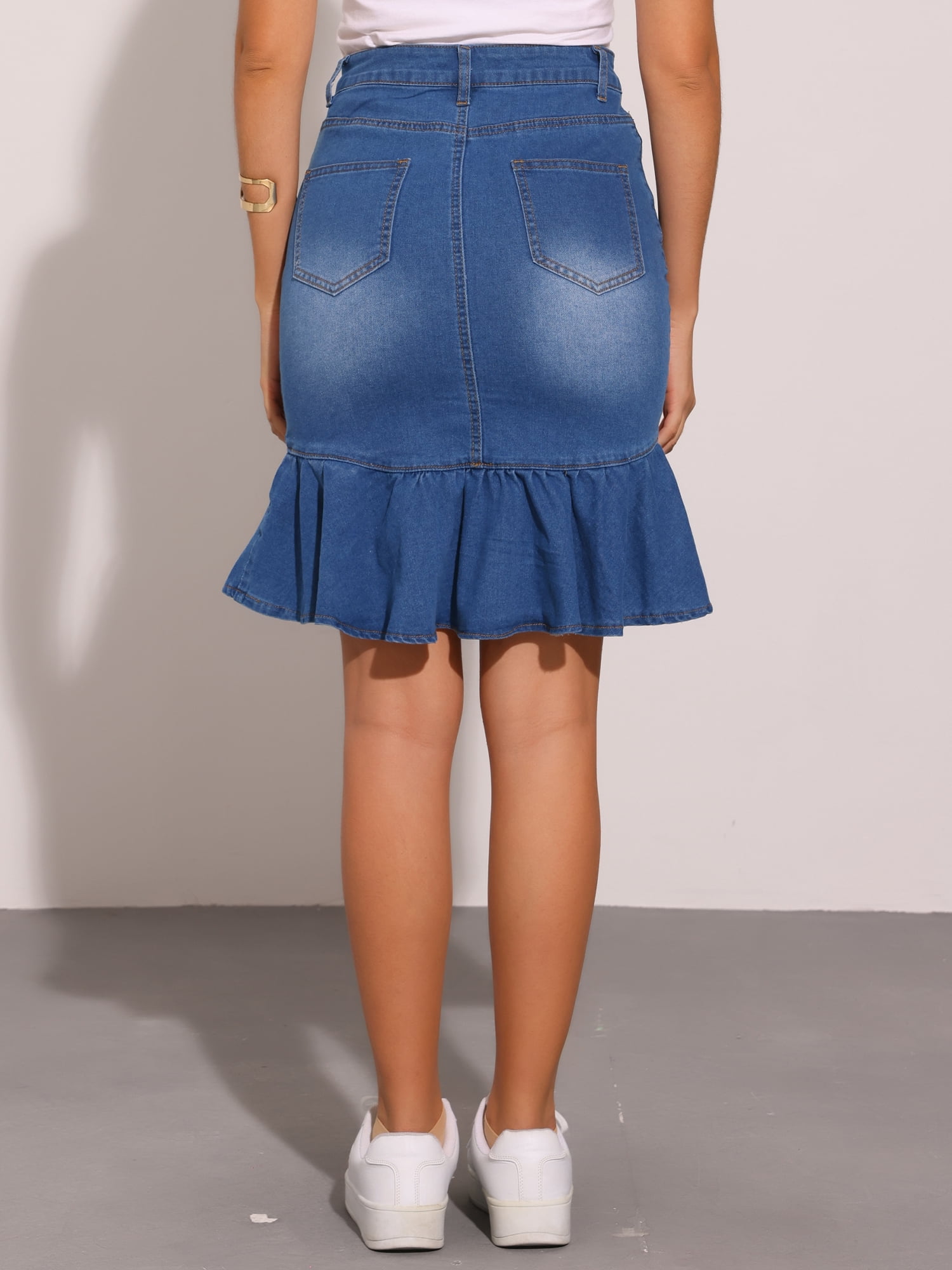 DARING DIVA Women's Bodycon Fishtails Ruffled Knee Length Jean Skirt L Blue