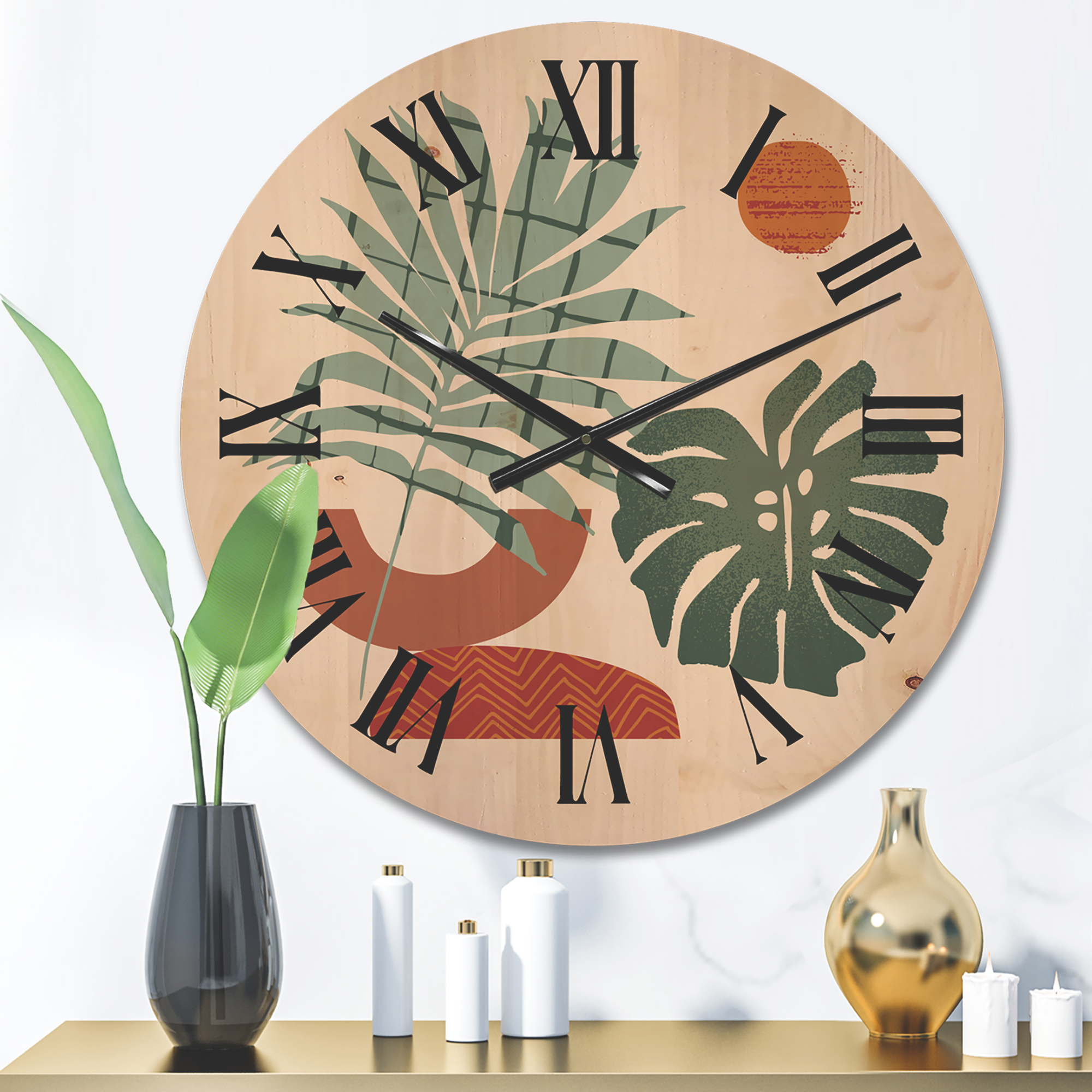 Designart 'Sun and Moon Shapes In Retro Green & Terracotta Tone' Modern Wood Wall Clock