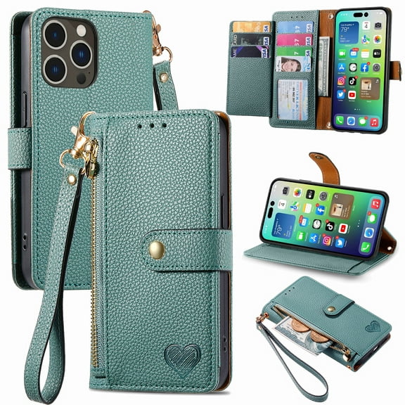 Mantto Zipper Wallet for iPhone 15 Pro,Durable PU Leather Heart Pattern Magnetic Clasp Folio RFID Blocking Credit Card Slots Flip Kickstand Shockproof Purse Phone Case with Wrist Strap,Green