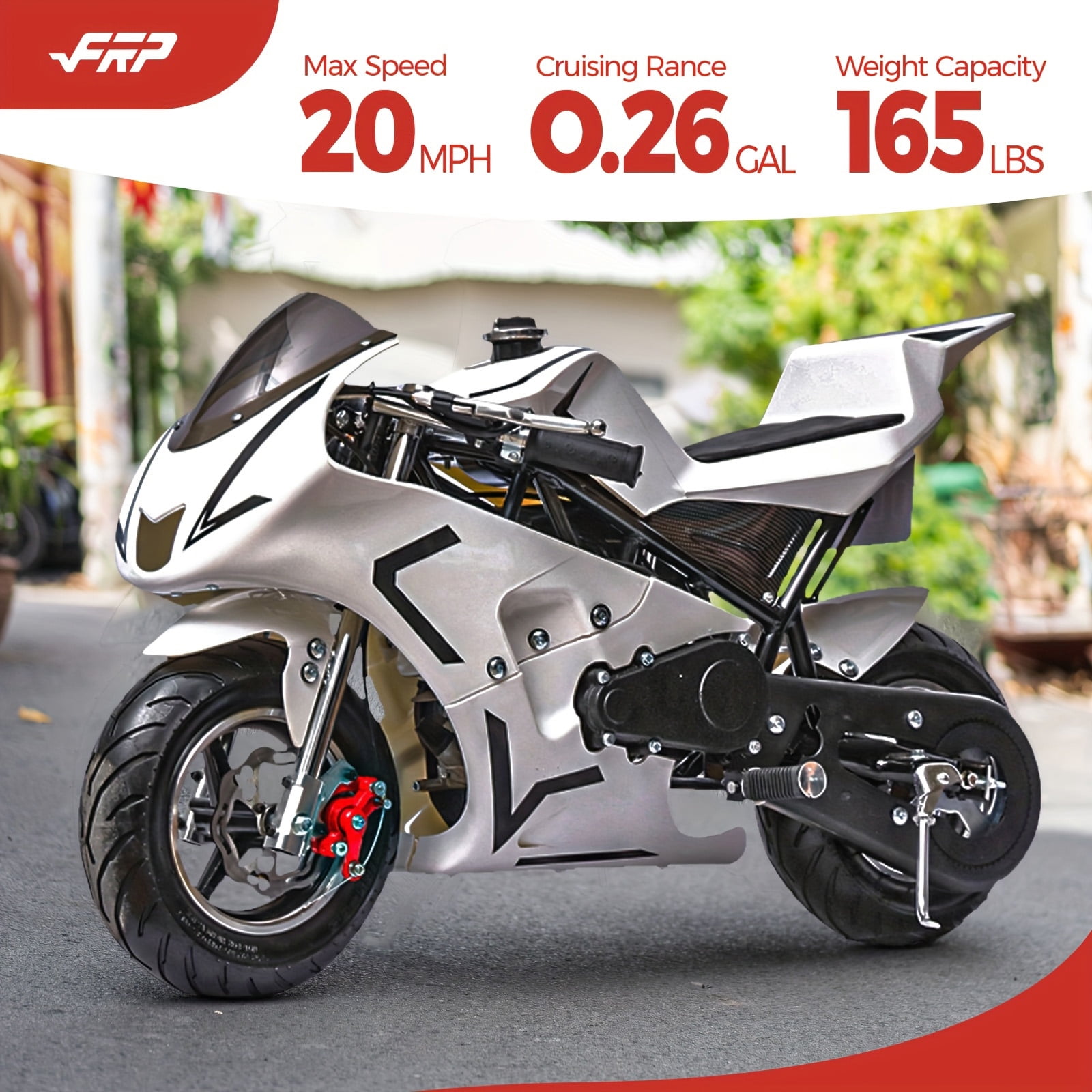 FRP 2 Stroke MiniBike 03, Pocket Bike for Kids W/ Strong Dual Brake, Realistic Racing Pocket Rocket Max Speed 20 Mph, Mini Bike Max Weight 165 LB-Ultra Edition, White