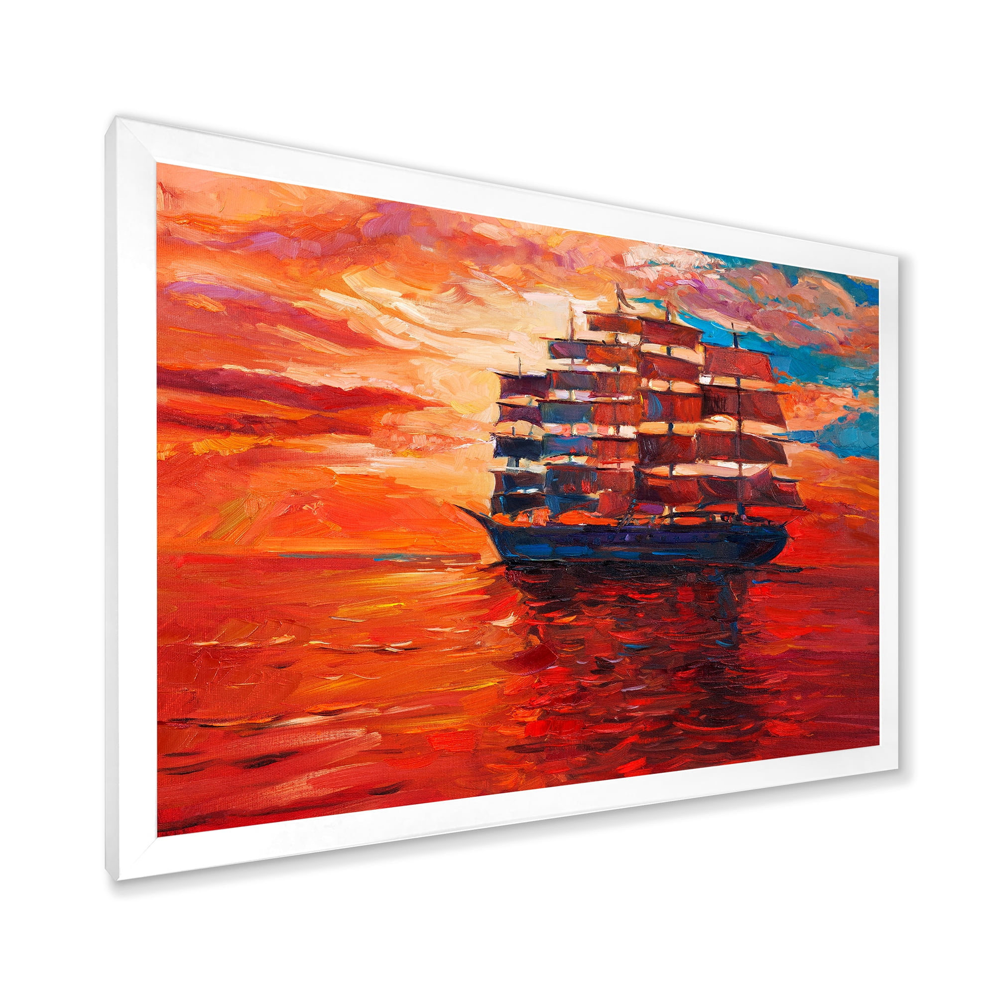 Frigate During Red Evening Glow On The Ocean Horizon 40 in x 30 in Framed Painting Canvas Art Print, by Designart