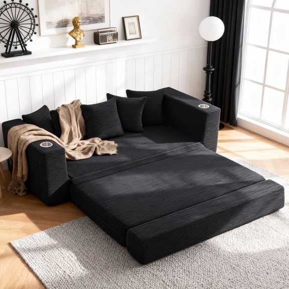 Leumius 76" Convertible Sofa Bed,Corduroy Boneless Couch with Cup Holders & Pocket,2-in-1 Sleeper Sofa Pull-out Couch Bed with 5 Pillows, Living Room, Small Spaces, Bedroom, No Assembly,Black