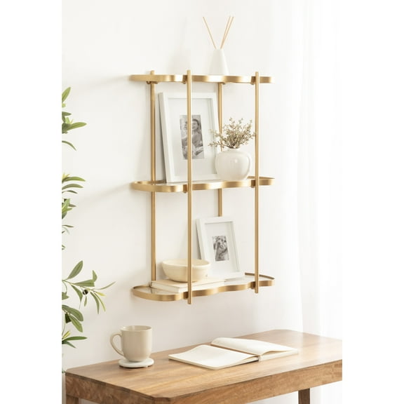 Kate and Laurel Curventi Three-Tiered Wavy Wall Shelf, 20 x 7 x 28, Gold, Glam Decorative Scalloped Storage Shelves and Wall Organizer for Over the Toilet Storage Bathroom Display