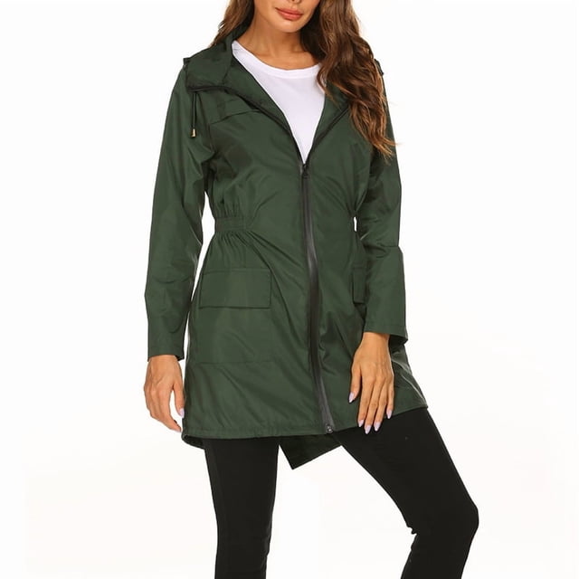 Veste Imperméable pour Femmes Mi-Longue à Fermeture Éclair devant avec Capuche Vert Foncé TG