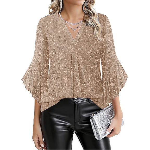 Sequin Tops for Women 3/4 Sleeve Dressy Blouses Casual V Neck Fashion Shirts Khaki 2XL