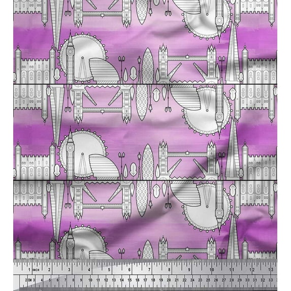Soimoi Purple Rayon Crepe Fabric London Theme Architectural Print Sewing Fabric Yard 46 Inch Wide