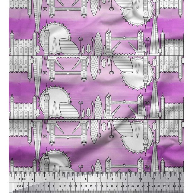 Soimoi Purple polyester Crepe Fabric London Theme Architectural Decor Fabric Printed Yard 52 Inch Wide