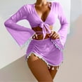 thumbnail image 4 of HKEJIAOI Halter Triangle String Swimsuit Solid Bathing Suits with Tassel Cover-up Set Purple S, 4 of 8