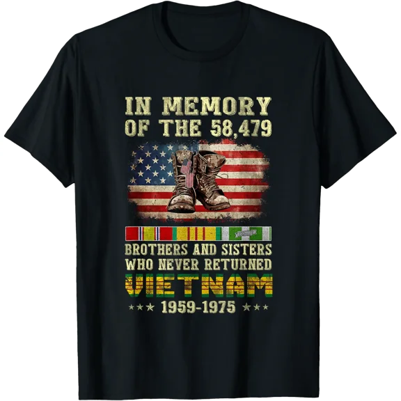 Vietnam Veteran Memorial T-Shirt In Memory Of The 58479 Fallen Heroes Retro Patriotic American Flag Military Combat Boots Graphic Tee