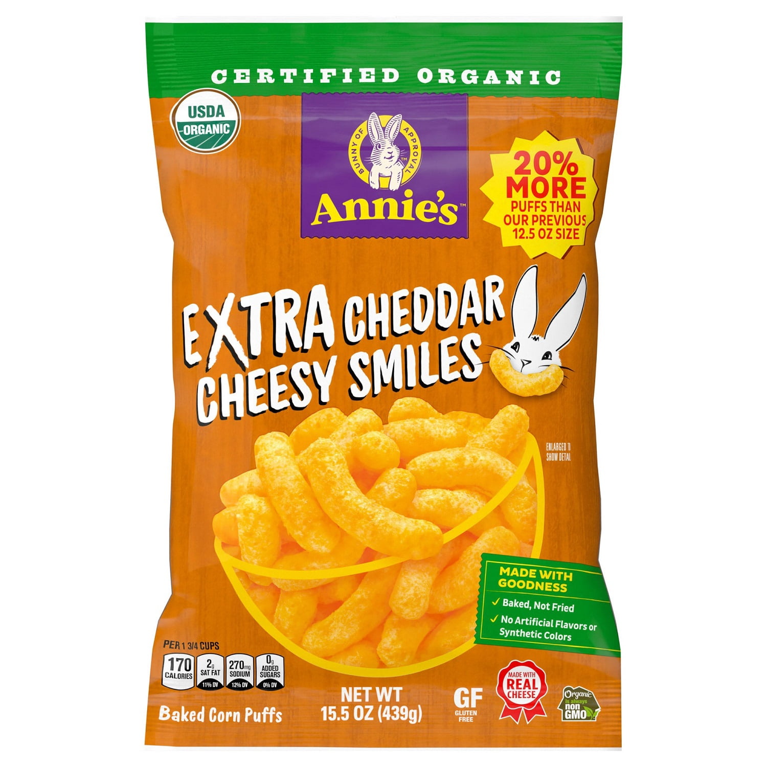 Annie's Organic Extra Cheddar Cheesy Smiles Corn Puffs, 15.5 Ounce