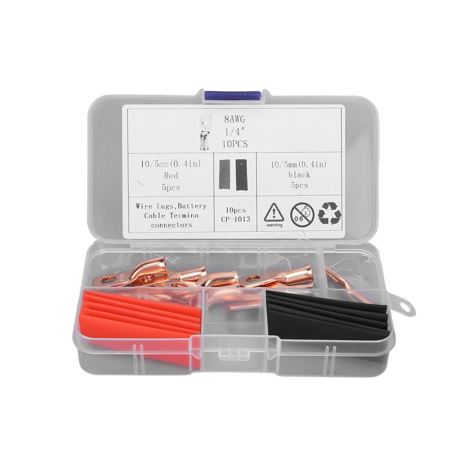 Zaqw 10pcs AWG 8x1/4 Copper Wire Lugs Battery Terminal Connectors Cable Ends With 10pcs Heat Shrink Tubing,Eyelet Lug,Battery Terminal Connectors Cable Ends
