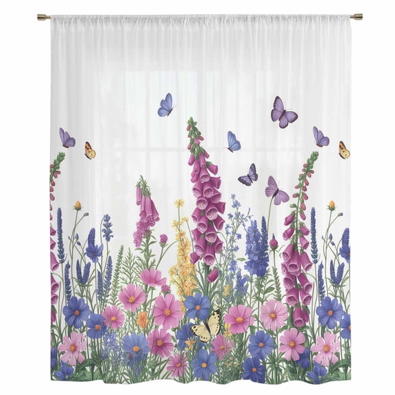 Watercolor Wildflowers Sheer Curtains 108" Extra Long, Country Botanical Florals Butterfly Light Filering Curtains, Privacy Drapes Simi Floor to Veiling Curtain for Living Room Large Window Treatment