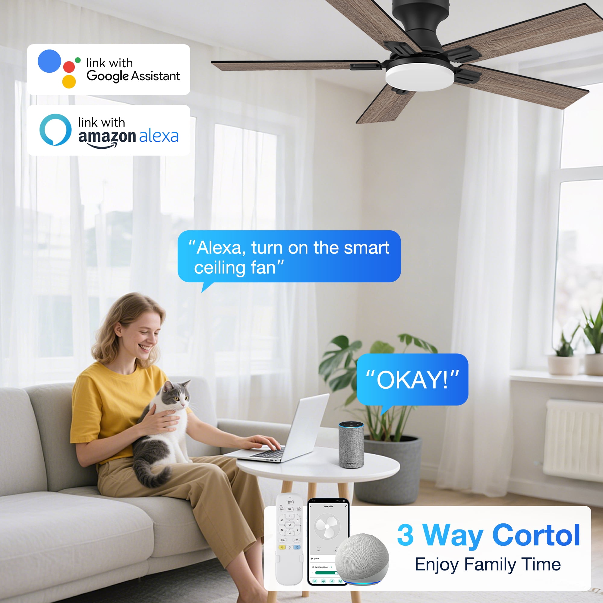 42” Smart Wood Flush Mount Ceiling Fans with Lights Remote,Quiet DC Motor,Outdoor Indoor Low Profile Ceiling Fan,Voice WIFI Alexa App Control,Dimmable,6-speed,for Modern Bedroom Patio