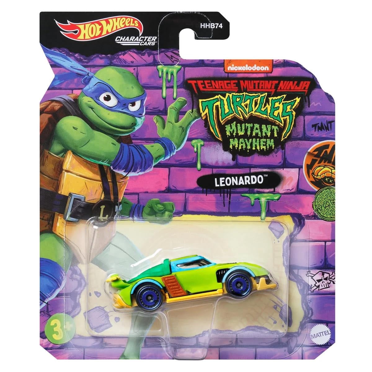 Hot Wheels TMNT Mutant Mayhem Character Cars, Teenage Mutant Ninja Turtles Collectible Set, Leonardo, Raphael, Michelangelo, Donatello, 4 Pack HHB74-956L