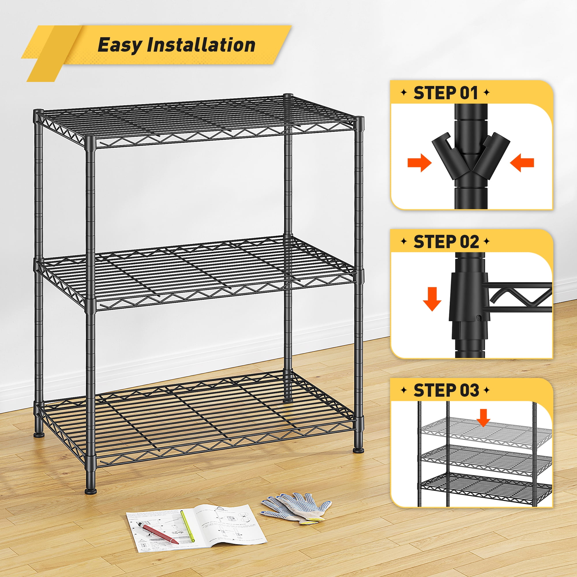 REIBII 3 Tier Wire Shelving Unit,24"W Adjustable Metal Storage Rack,Multipurpose Shelf for Kitchen,Laundry,Bathroom,Black