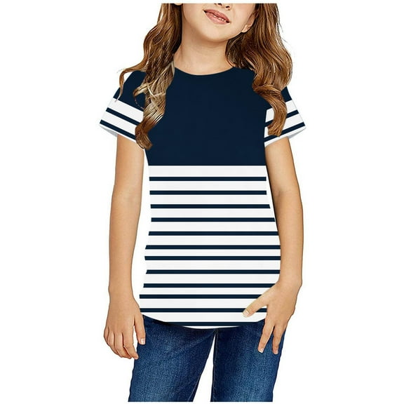 Zwiiyzr 2024 Striped T-Shirt for KidsRound Neck Short Sleeve Shirts for Boys Girls Blue-3-4 Years