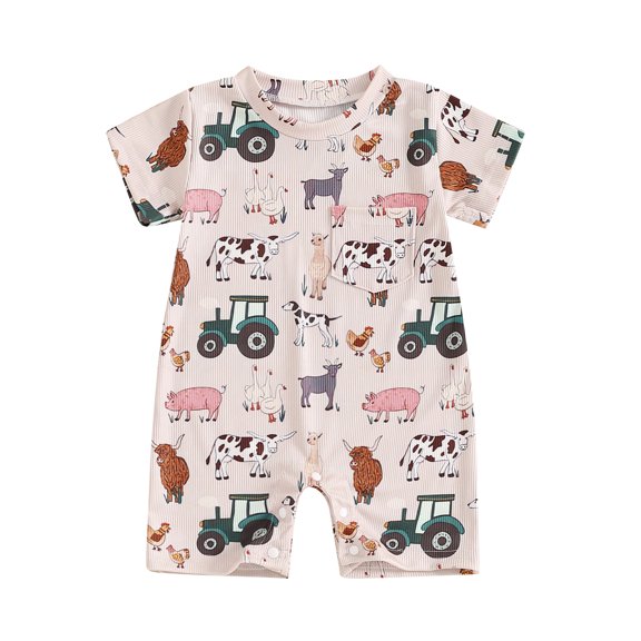 Newborn Baby Boy Girl Farm Outfit Animal Chicken Tractor Print Romper Short Sleeve Jumpsuit One Piece Bodysuit Country Clothes