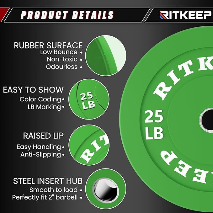 Ritkeep 2" Olympic Low Bounce Rubber Bumper Weight Plates for Home Gym
