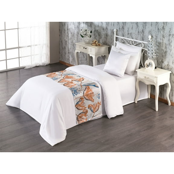 Vintage Floral Bed Runner, Watercolor Style Blooming Hyacinth and Tulip Flowers Romantic, Decorative Accent Bedding Scarf for Hotels Homes & Guest Rooms, Twin, Burnt Orange Dark Violet, by Ambesonne