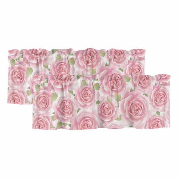 Pink Roses Curtain Valances for Windows, Kitchen Valance Window Treatments Panel 2 Pack, Retro Flower Floral Botanicall Plant Leaf Rod Pocket Short Curtains for Bathroom Bedroom 42 x 12 Inch