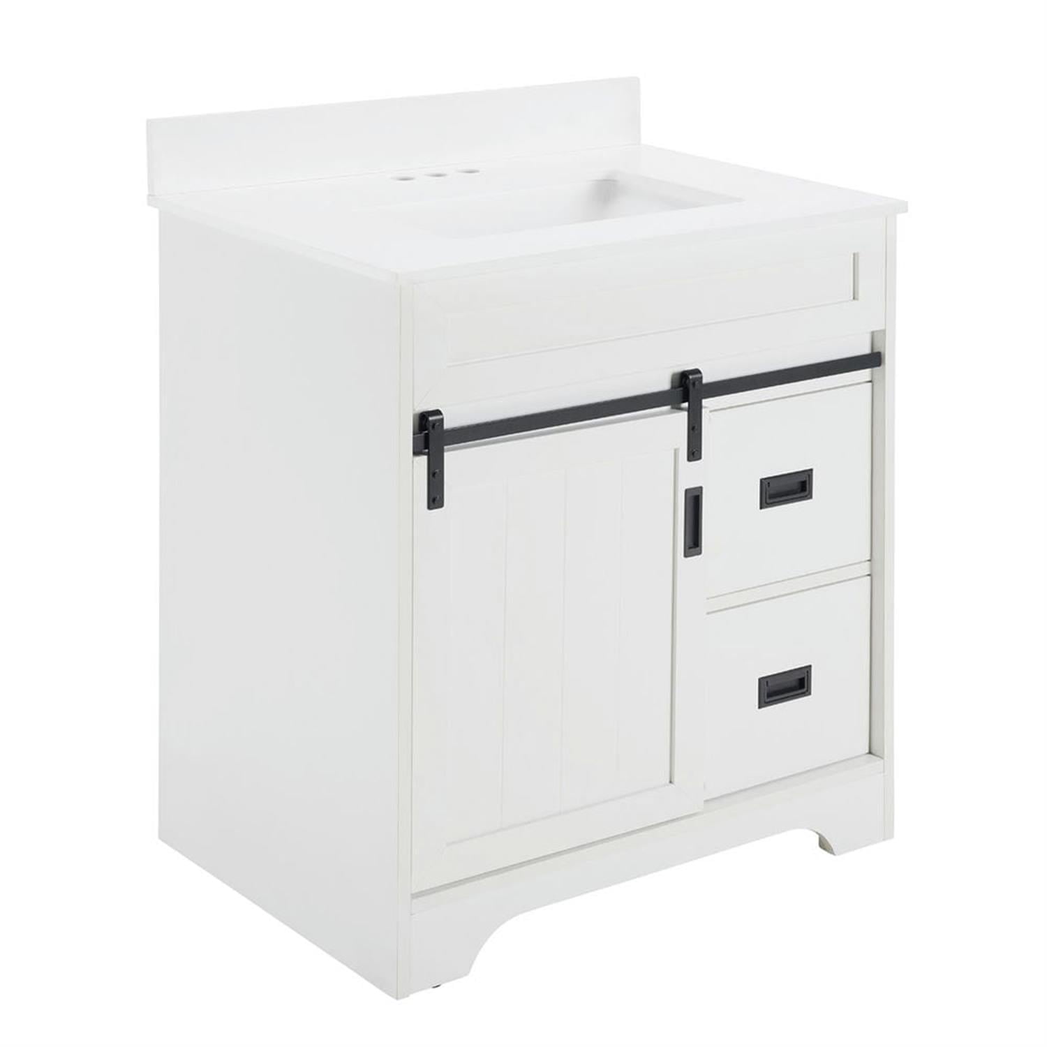 Demi Bonn 30" Freestanding Bathroom Vanity with Single Sink Combo, Farmhouse Undermount Bathroom Vanities Cabinet with Sliding Barn Doors and 2 Drawers, White