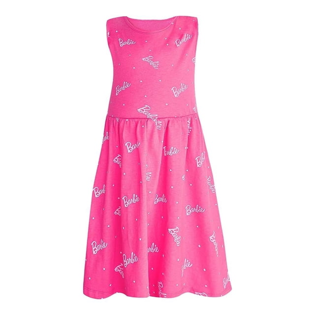 Vestido Barbie Talla 6 Cuello Redondo Estampado Letras Blanco con Fucsia