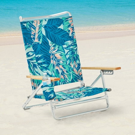 Mainstays Wood Arm Reclining Lay-Flat Beach Chair, Green Palm