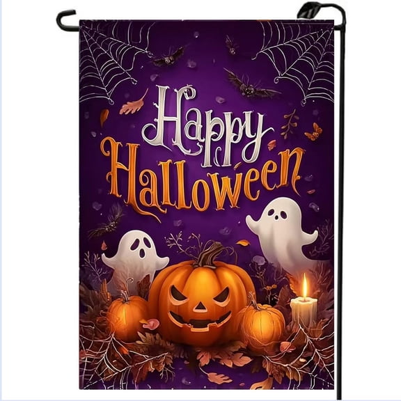 Happy Halloween Ghost Pumpkin Garden Flag, Purple Canvas Jack O Lantern Bat Spiderweb Yard Decoration, 12 x 18 in, Flag Only