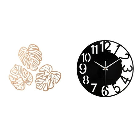 4 Pieces Palm Leaves Wall Plaque Wood Decor Acrylic Silent Wall Clock Large Size for Living Room Bedroom Office Hotel