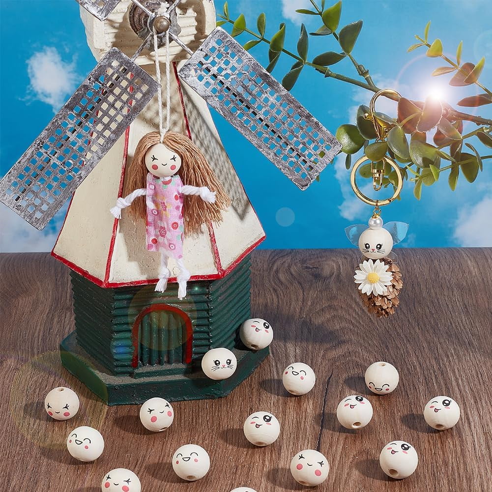 80Pcs 4 Styles Spacer Wood Smile Beads 17.5mm Wooden Beads Laughing Natural Face Print Round Beads for Animal Model Head Bracelet Necklace Jewelry Macrame Hair Crafts 4mm Hole