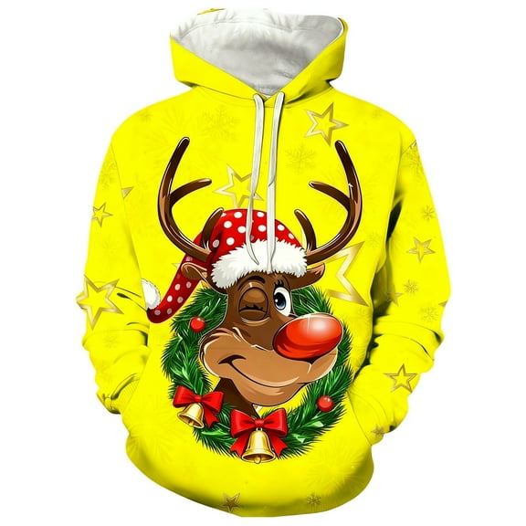 Fiaer Men's Hoodie Christmas Trendy Oversized Reindeer Printed Hooded Sweatshirts Long Sleeve Baggy Pocket Xmas Tops Yellow XL